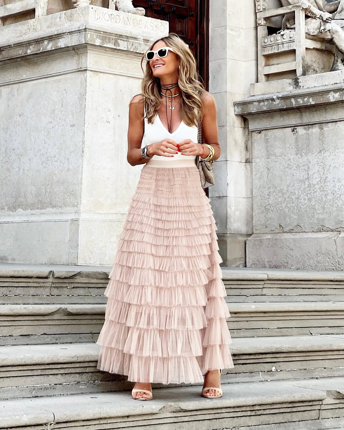 Layered Ruffles Cake Skirt Summer Fashion A Line Swing Mesh Long Skirt Party Dress Women hercurva
