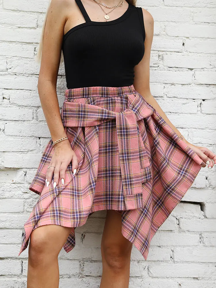 Women's Fashion Irregular High Waist Plaid Tie-Sleeve Skirt hercurva
