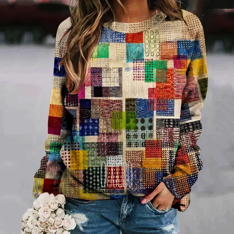 Printed Patchwork Round Neck Raglan Long Sleeve Women's Sweater hercurva
