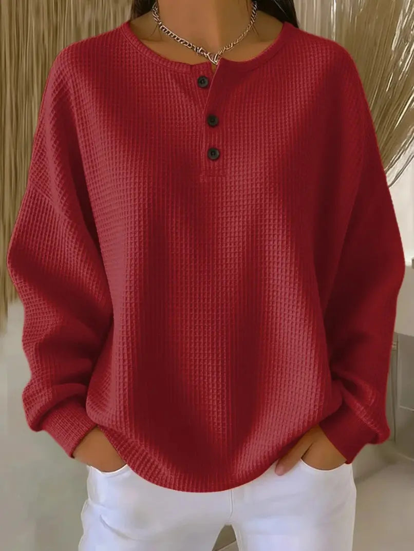 Round Neck Waffle Solid Color Pullover Loose Top hercurva