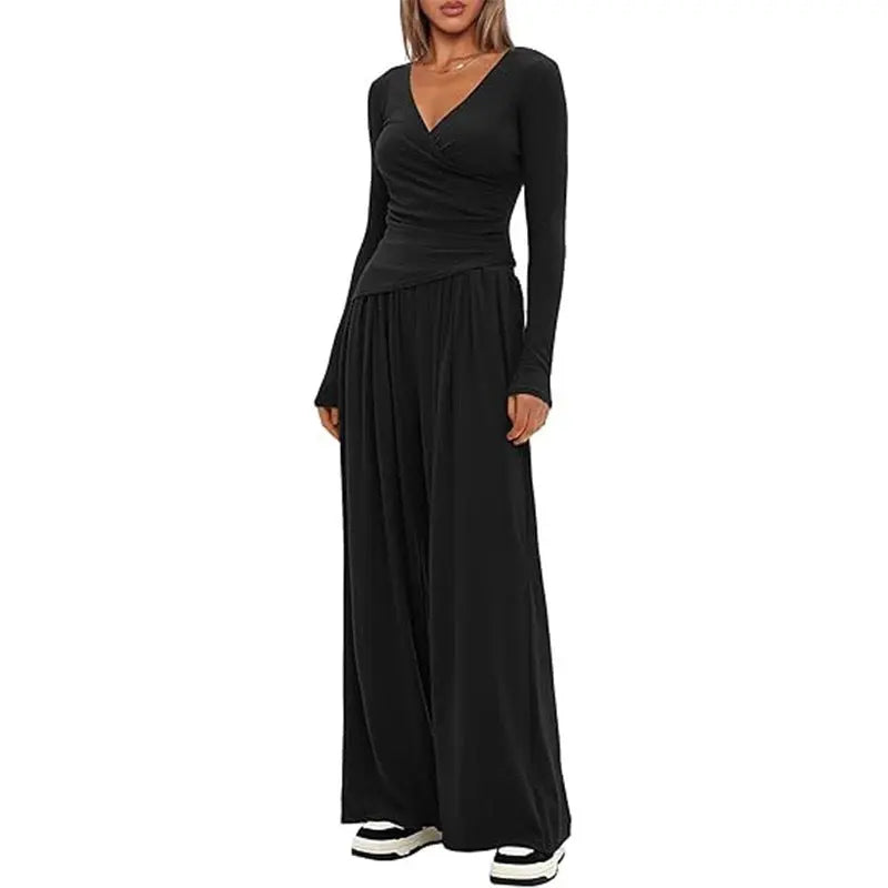 2 Pieces Women's V Neck Long-sleeve Sportswear Top And Wide-leg Pants Set Casual Comfortable Outfit Set For Daily Wear Gym Sports Outfit hercurva