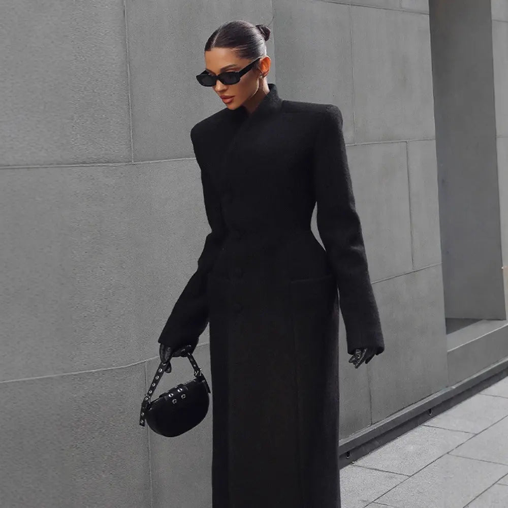 Temperament Shoulder-padded Waist-cinching Long Wool Coat For Women hercurva