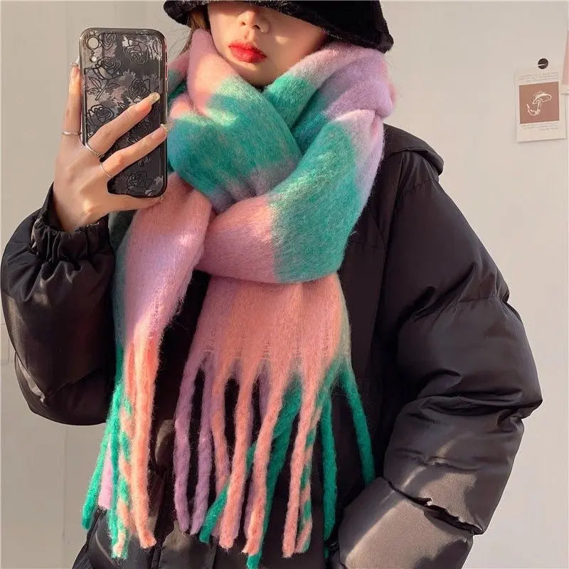 Women's Plaid Tassel Scarf Rainbow Color-blocking Shawl hercurva