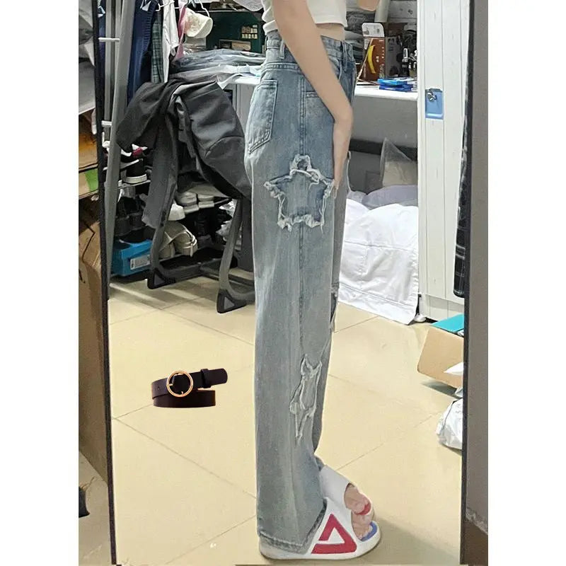 Blue XINGX Embroidered Jeans Women Loose Straight-leg Wide-leg Pants hercurva