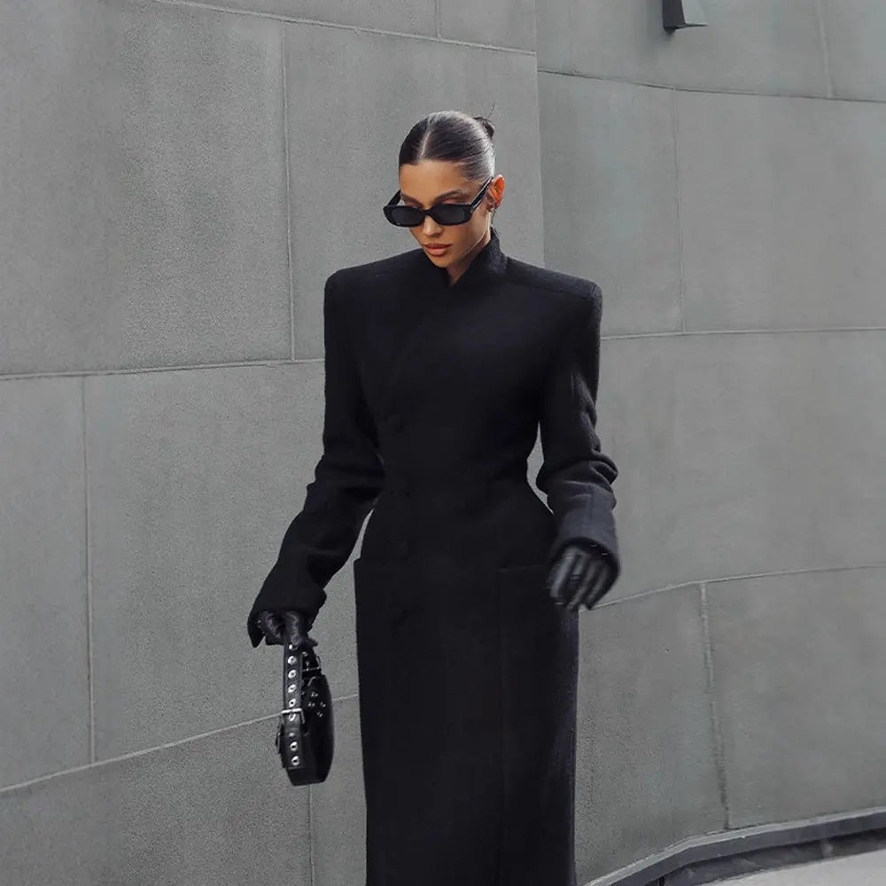 Temperament Shoulder-padded Waist-cinching Long Wool Coat For Women hercurva