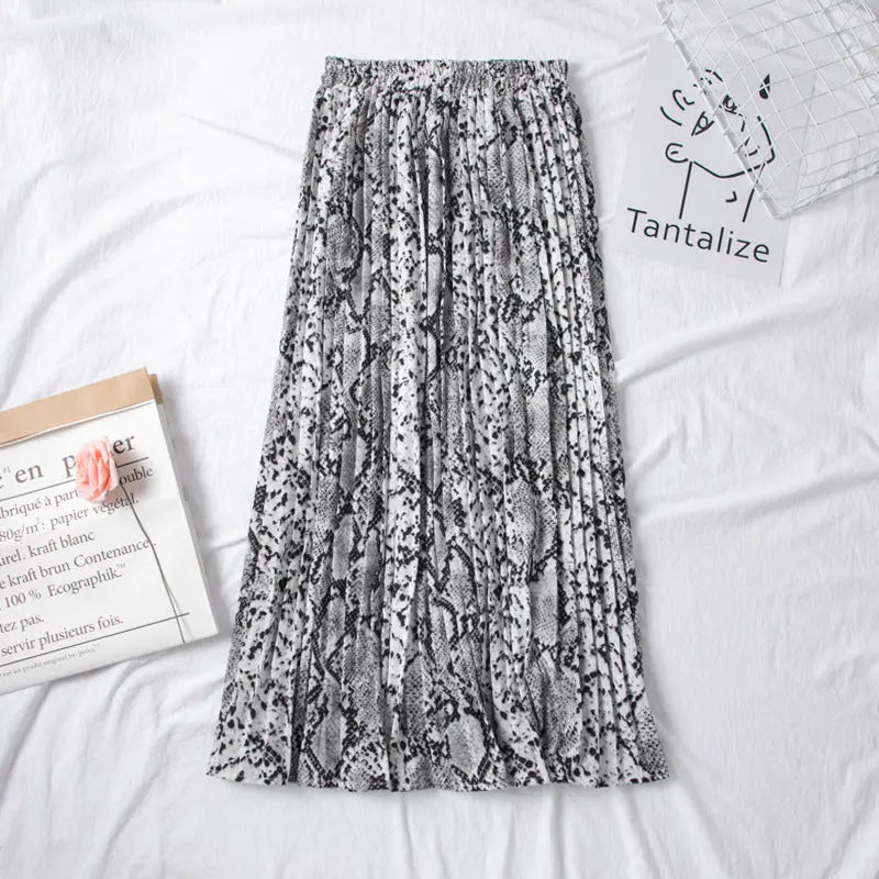 European And American Snake Print Pleated Skirt With High Waist And Slimming hercurva