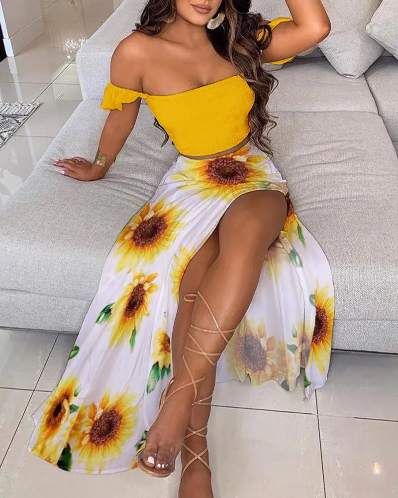 Summer Slim French Bohemian Print Mid-Length Retro Tube Top Suit Dress Women hercurva