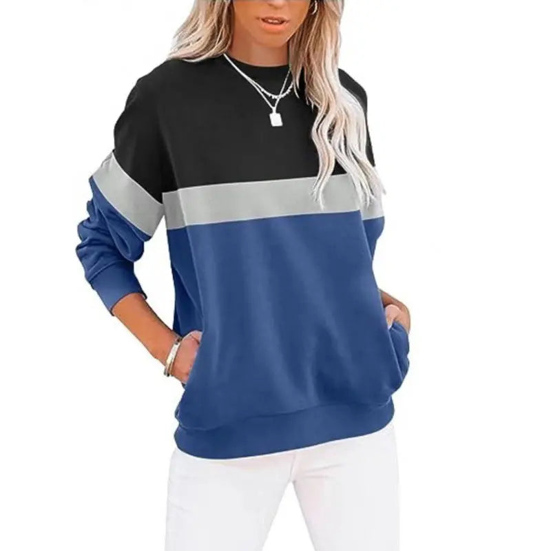 Women's Long Sleeve Color Matching Sports Sweater Round Neck Casual Pullover hercurva