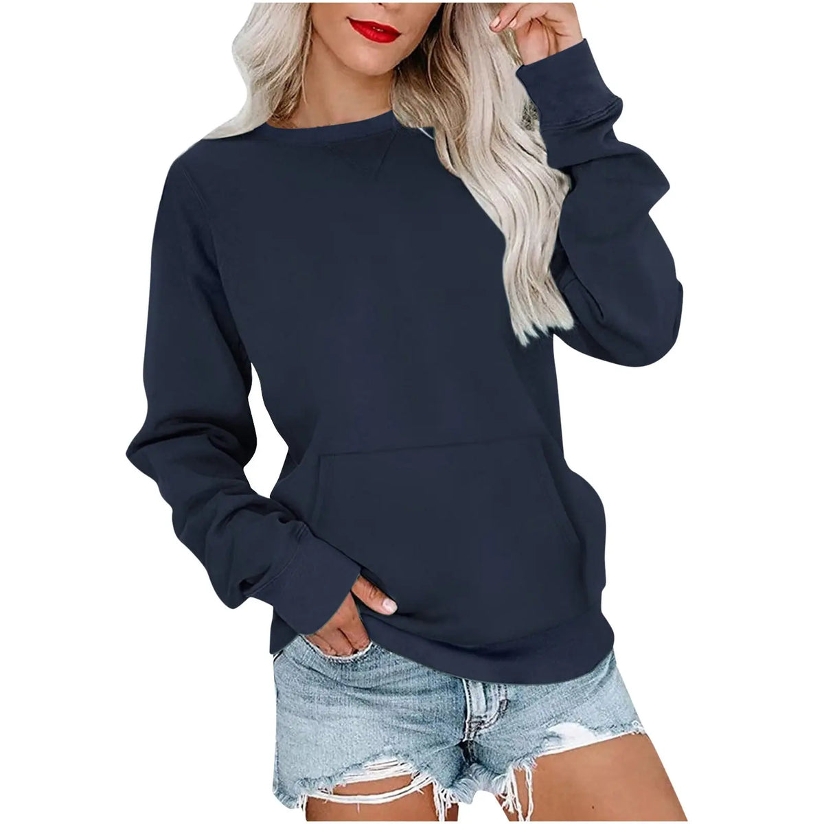 Solid Color Pullover Sweatshirt With Pocket Fashion Loose Round Neck Long Sleeves Top Womens Clothing hercurva