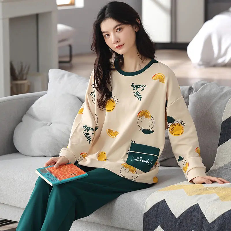 Loose Print Pajamas Women Autumn Winter Pyjama Set Long Sleeves And Trousers Elegant Sleepwear Girl Loungewear Home Clothes hercurva