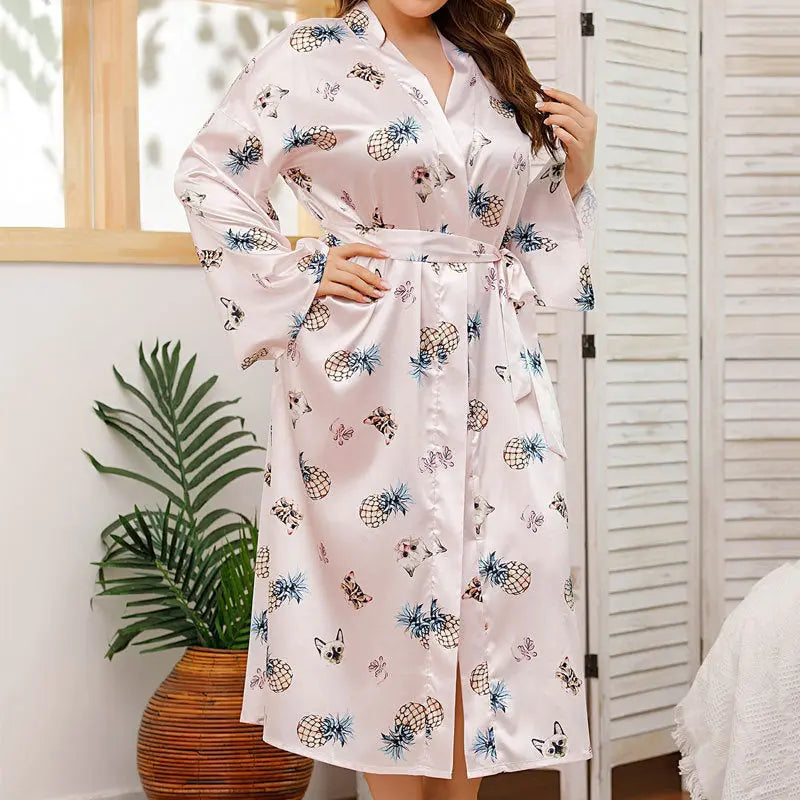 Long Robes For Women Flower Print Bathrobe V-neck Silk Sleepwear hercurva