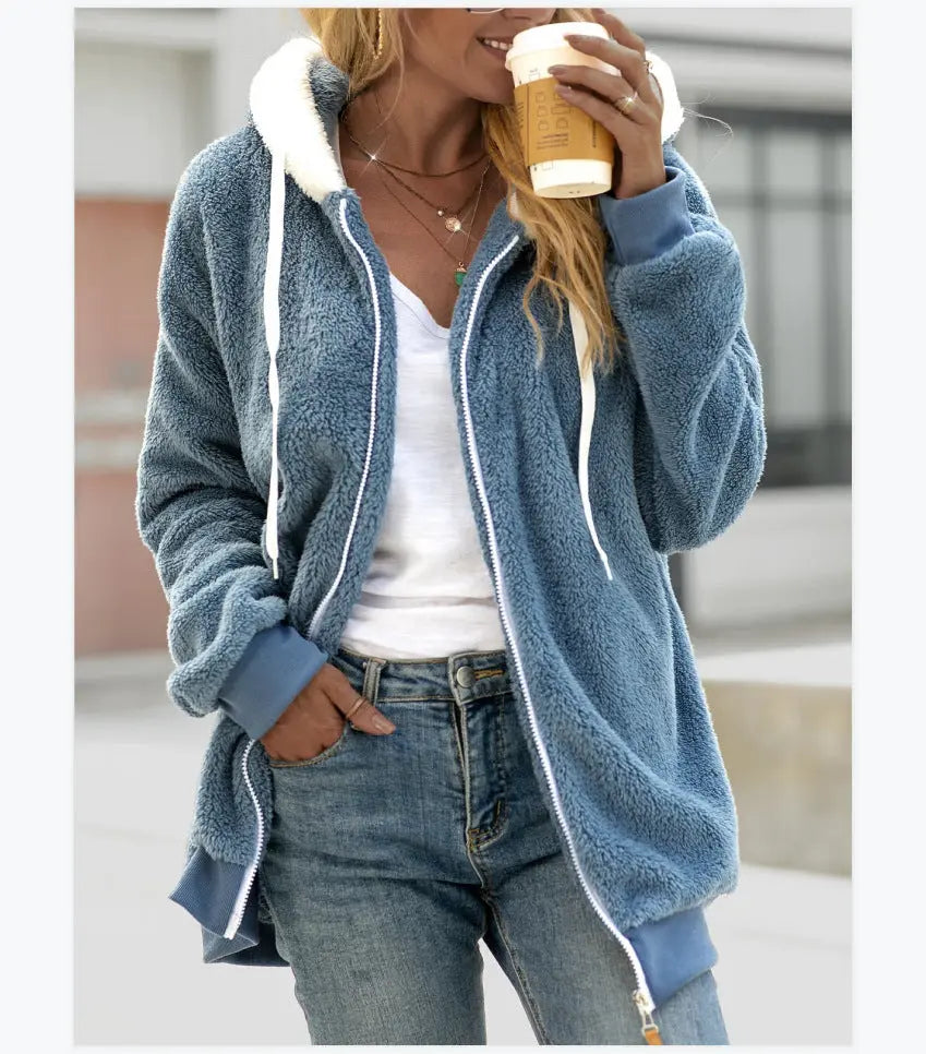 Women's Loose Plush Zipper Hooded Jacket hercurva