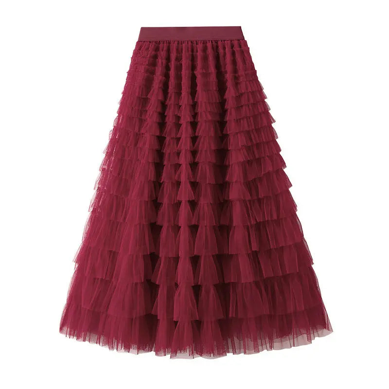 A-Line Mesh Ruffle Skirt Women's Temperament Sweet Long Skirt Slim Cupcake Dress Womens Clothing hercurva