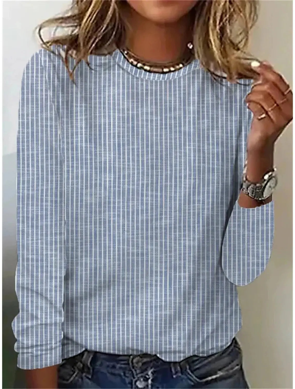 Loose Solid Color Striped Round Neck T-shirt For Women hercurva