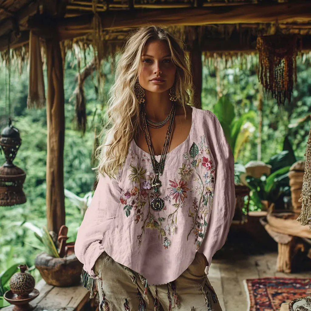 Printed Women's Round Neck Retro Bohemian Top hercurva