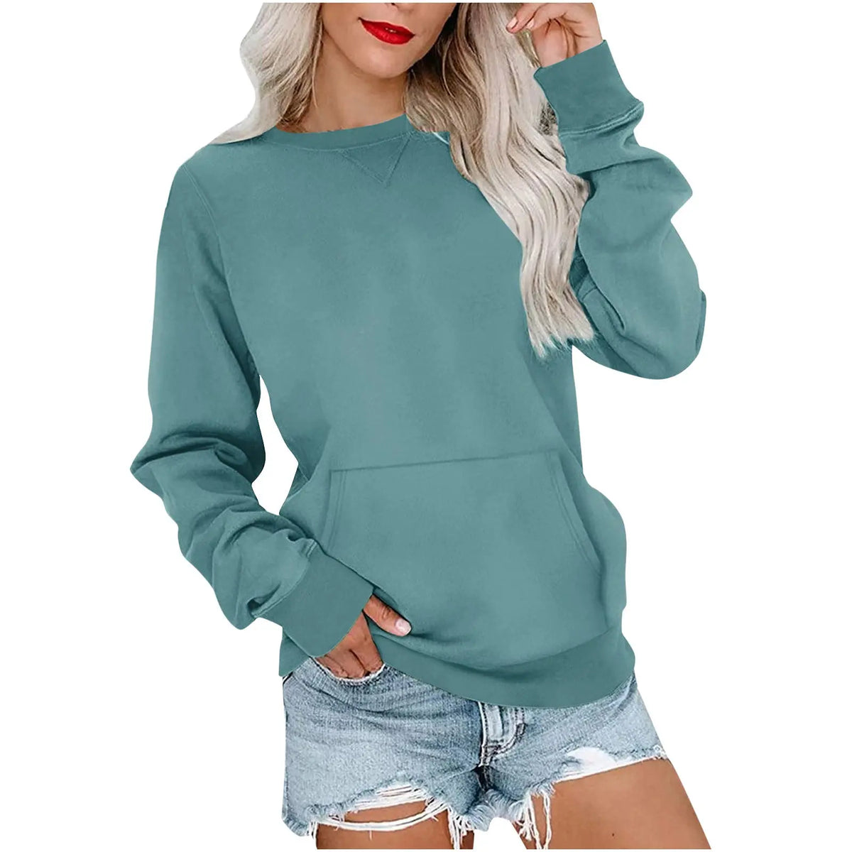 Solid Color Pullover Sweatshirt With Pocket Fashion Loose Round Neck Long Sleeves Top Womens Clothing hercurva