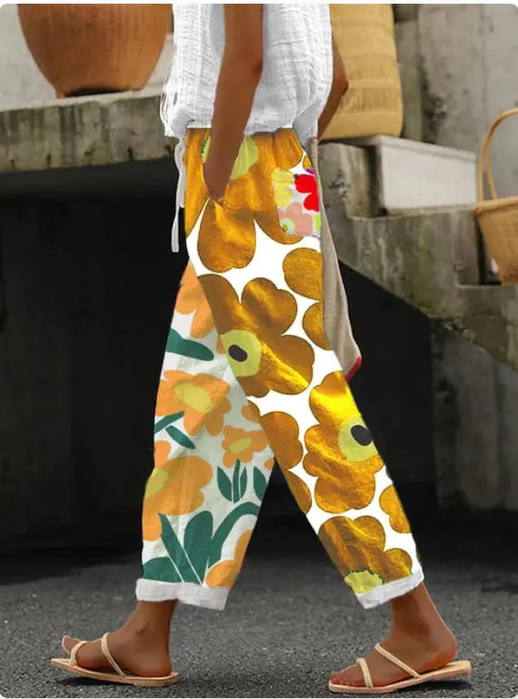 Women's Cotton And Linen Printing Paste Bags Casual Pants hercurva
