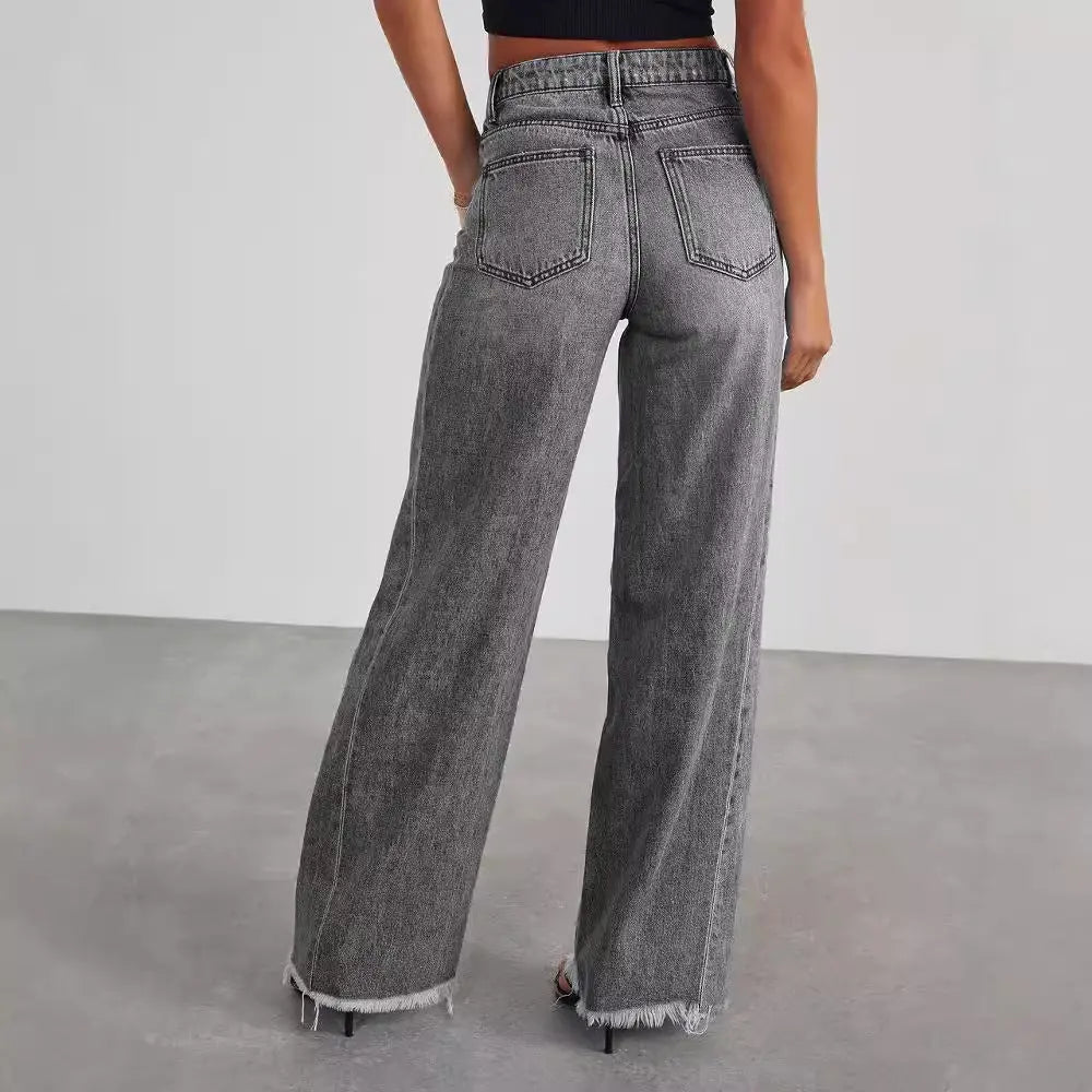Fashion High Waist Jeans With Pockets Comfortable Slim Fit Straight Wide-leg Pants Womens Clothing hercurva