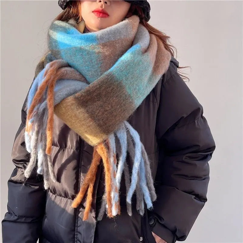 Women's Plaid Tassel Scarf Rainbow Color-blocking Shawl hercurva