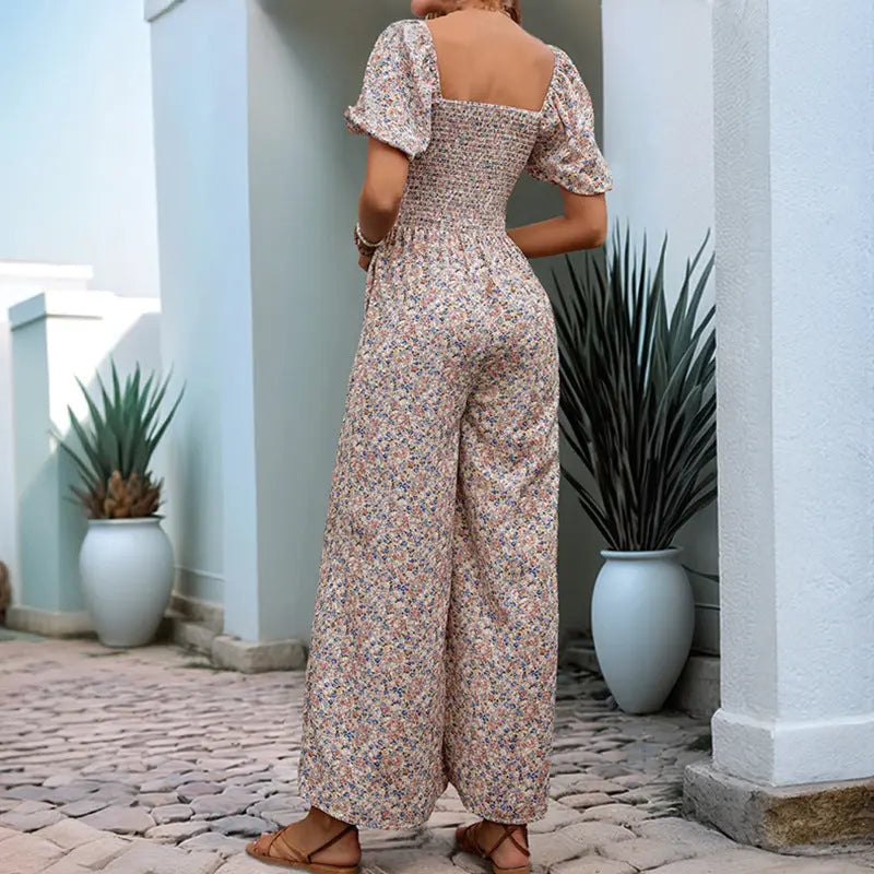 Square Collar Puff Sleeve Vacation Style Floral Jumpsuit hercurva