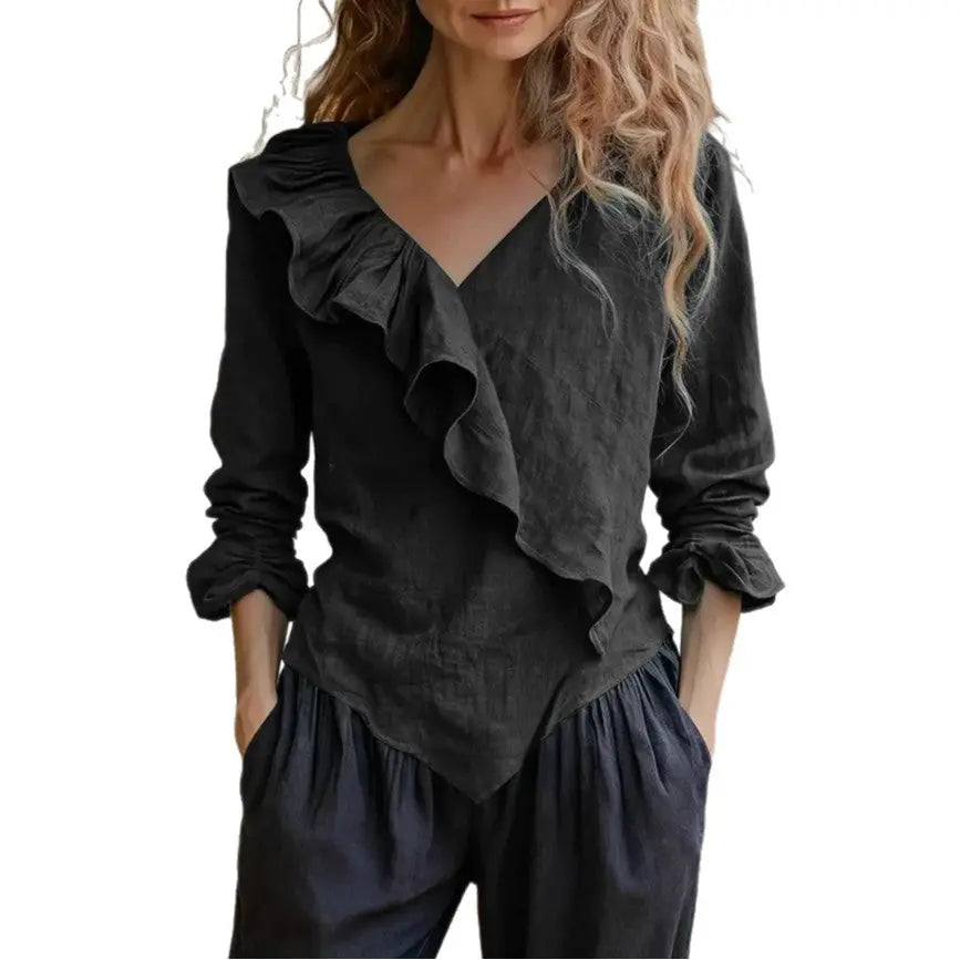 Womens Solid-Color V-Neck Casual Top With Ruffle Long Sleeves hercurva