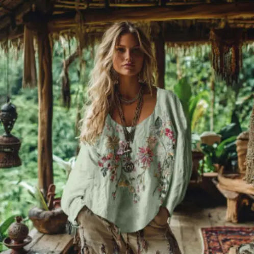 Printed Women's Round Neck Retro Bohemian Top hercurva