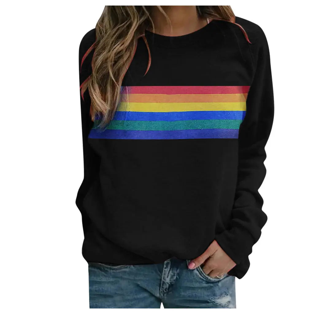 Color Striped Print Round Neck Pullover Long Sleeve Sweater hercurva