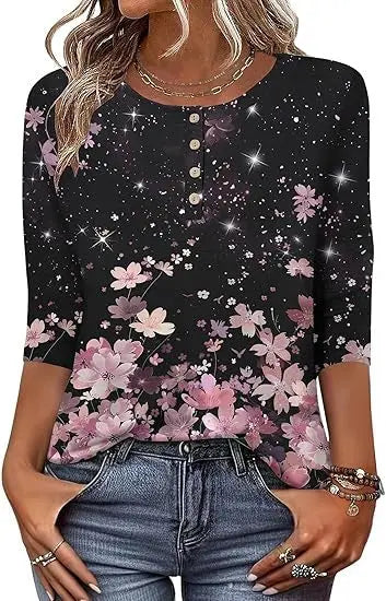 Printed 34 Sleeves Button Women's T-shirt hercurva