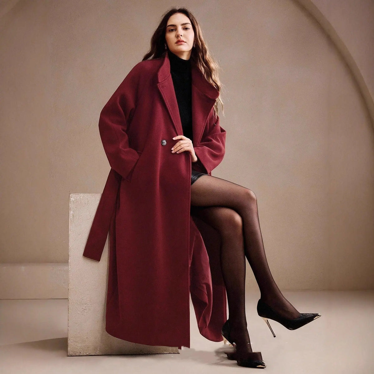 Women's Double-breasted Long Wool Coat With Suit Collar hercurva