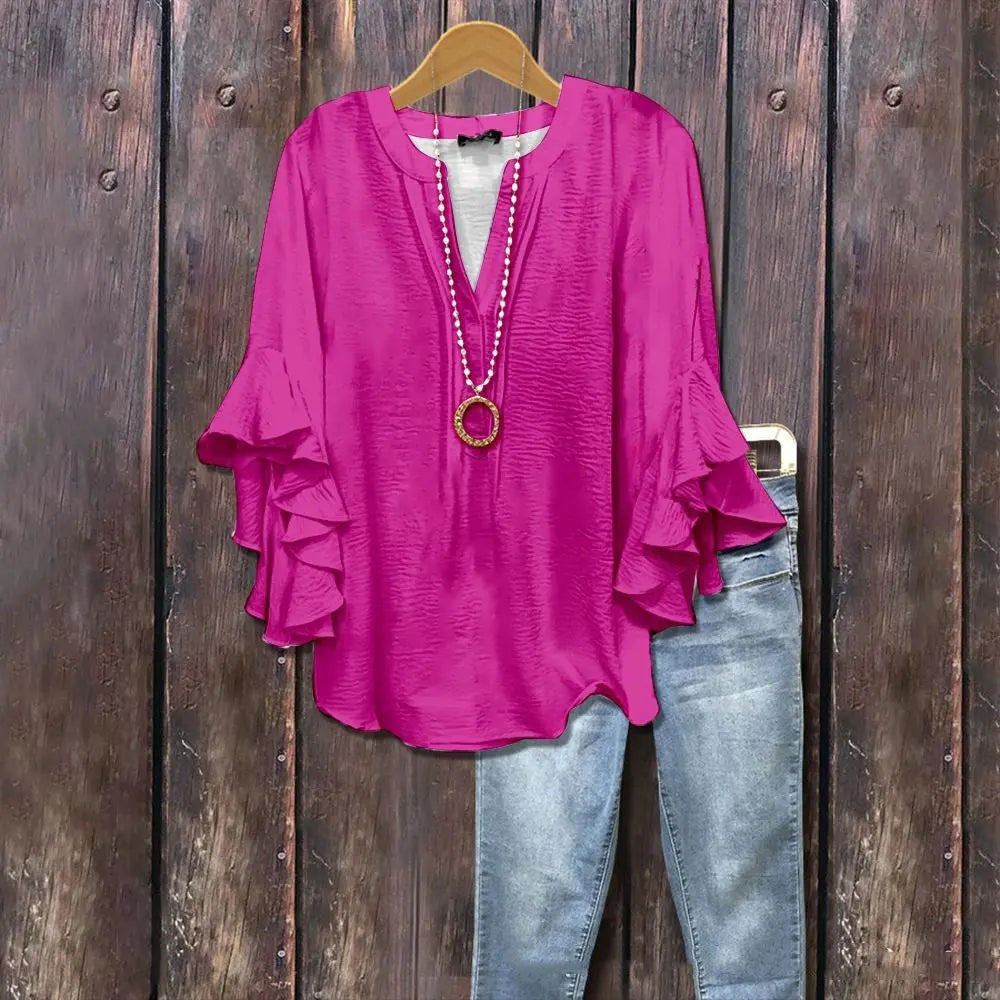 New Printed European And American Leisure Collar Lotus Edge Loose Women's Wear T-Shirt hercurva