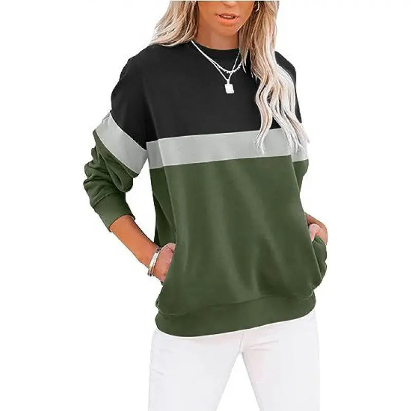 Women's Long Sleeve Color Matching Sports Sweater Round Neck Casual Pullover hercurva
