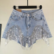 Fringed Chain Jeans Women's High Waist Slim Se Xy Shorts European And American Style Heavy Industry Beading Tide hercurva