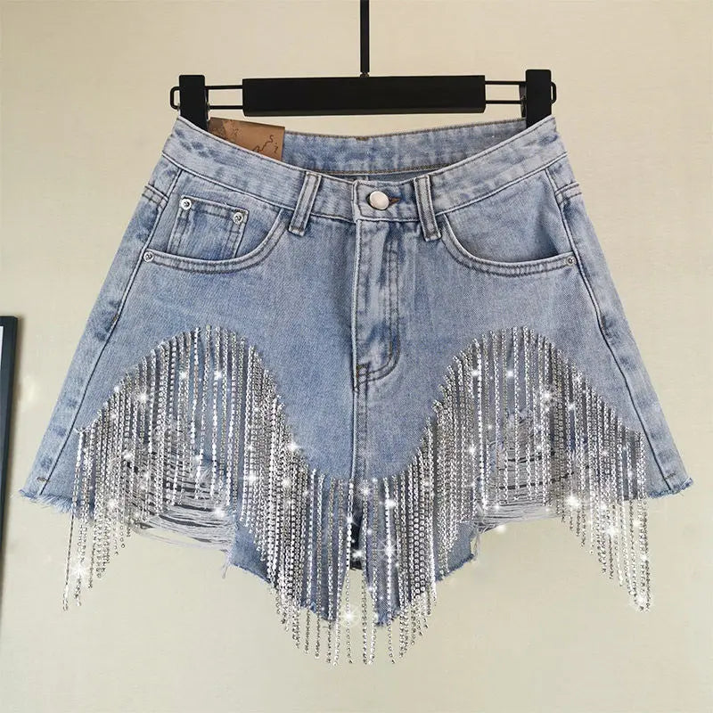 Fringed Chain Jeans Women's High Waist Slim Se Xy Shorts European And American Style Heavy Industry Beading Tide hercurva