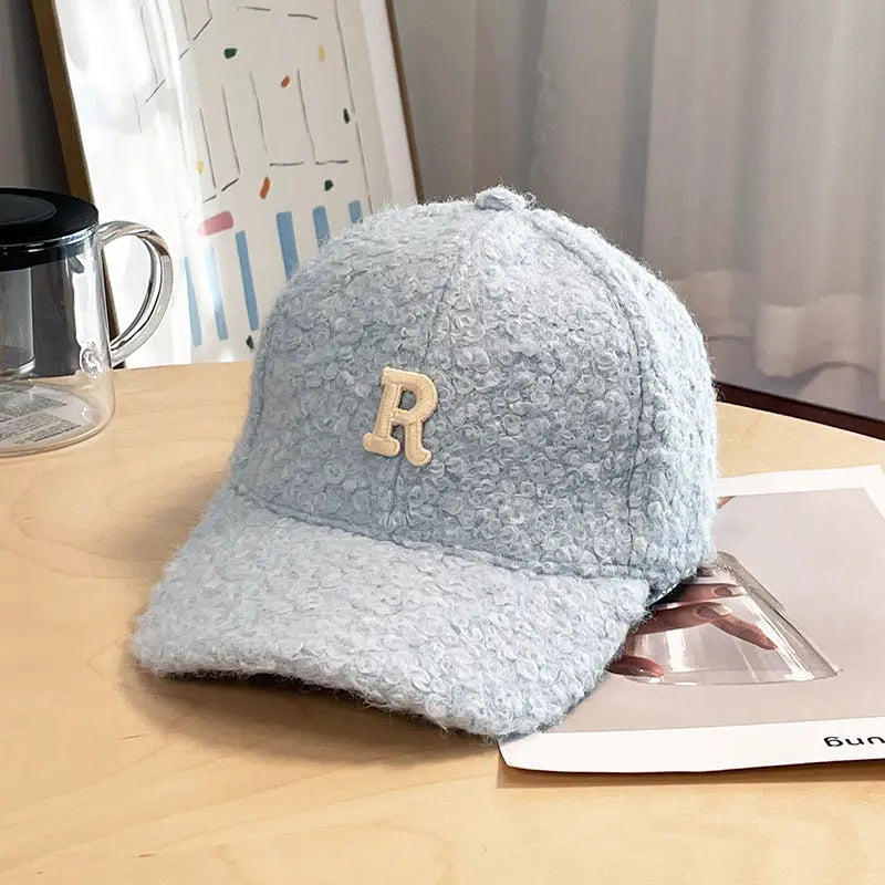 Winter Thick Lambskin Furry Large R Letter Baseball Cap hercurva