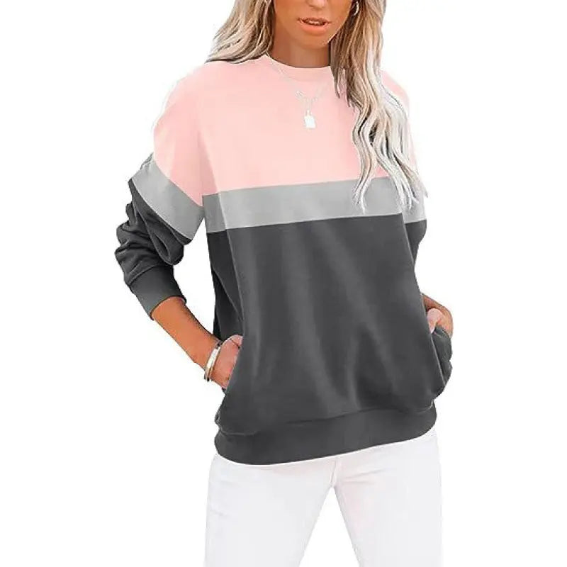 Women's Long Sleeve Color Matching Sports Sweater Round Neck Casual Pullover hercurva