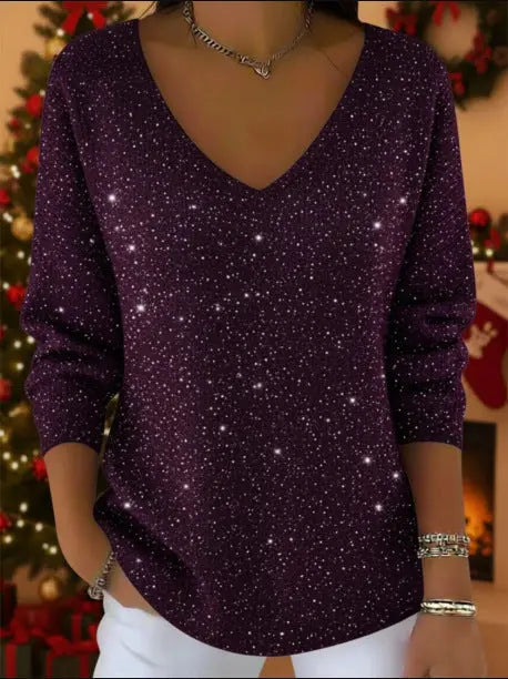 New Drop-shoulder V-neck Long-sleeve Printed Women's Pullover hercurva