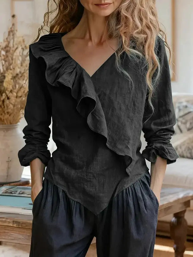 Womens Solid-Color V-Neck Casual Top With Ruffle Long Sleeves hercurva