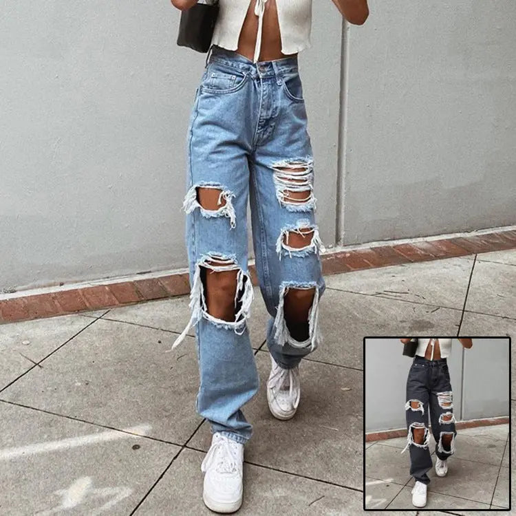 Women's American Retro Hole-punched Jeans Women High Waist Straight-crotch Loose Slim Design High-street Vibe Wide-legged Dragging Pants hercurva