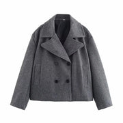 Gray Suit Woolen Jacket Women's Loose Double-breasted Short Coat hercurva