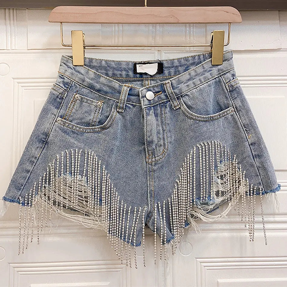 Fringed Chain Jeans Women's High Waist Slim Se Xy Shorts European And American Style Heavy Industry Beading Tide hercurva