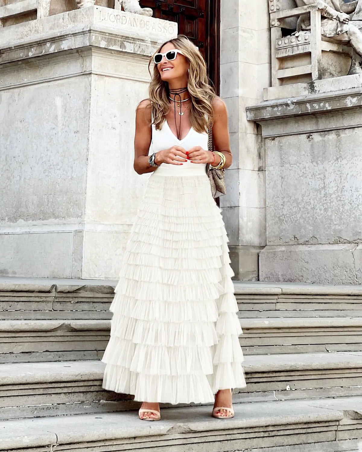 Layered Ruffles Cake Skirt Summer Fashion A Line Swing Mesh Long Skirt Party Dress Women hercurva