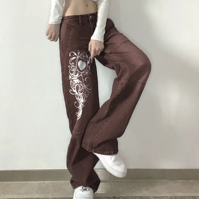 Loose Trousers Low-rise Pleated Heart-print Washed Jeans hercurva