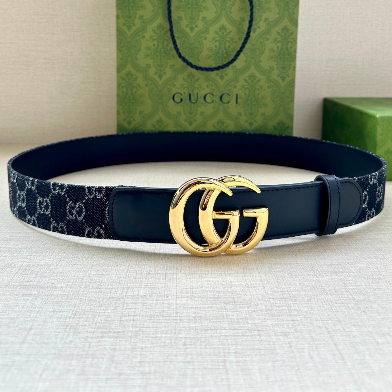 Gucci 2026 GG Marmont Belt 38mm Denim Leather