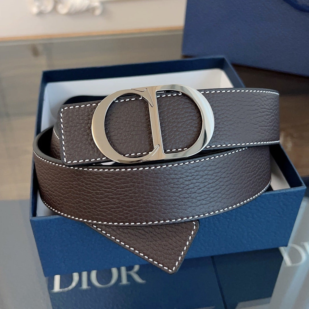 Dior 2026 CD Icon Grained Belt 35mm Brown Leather 189410