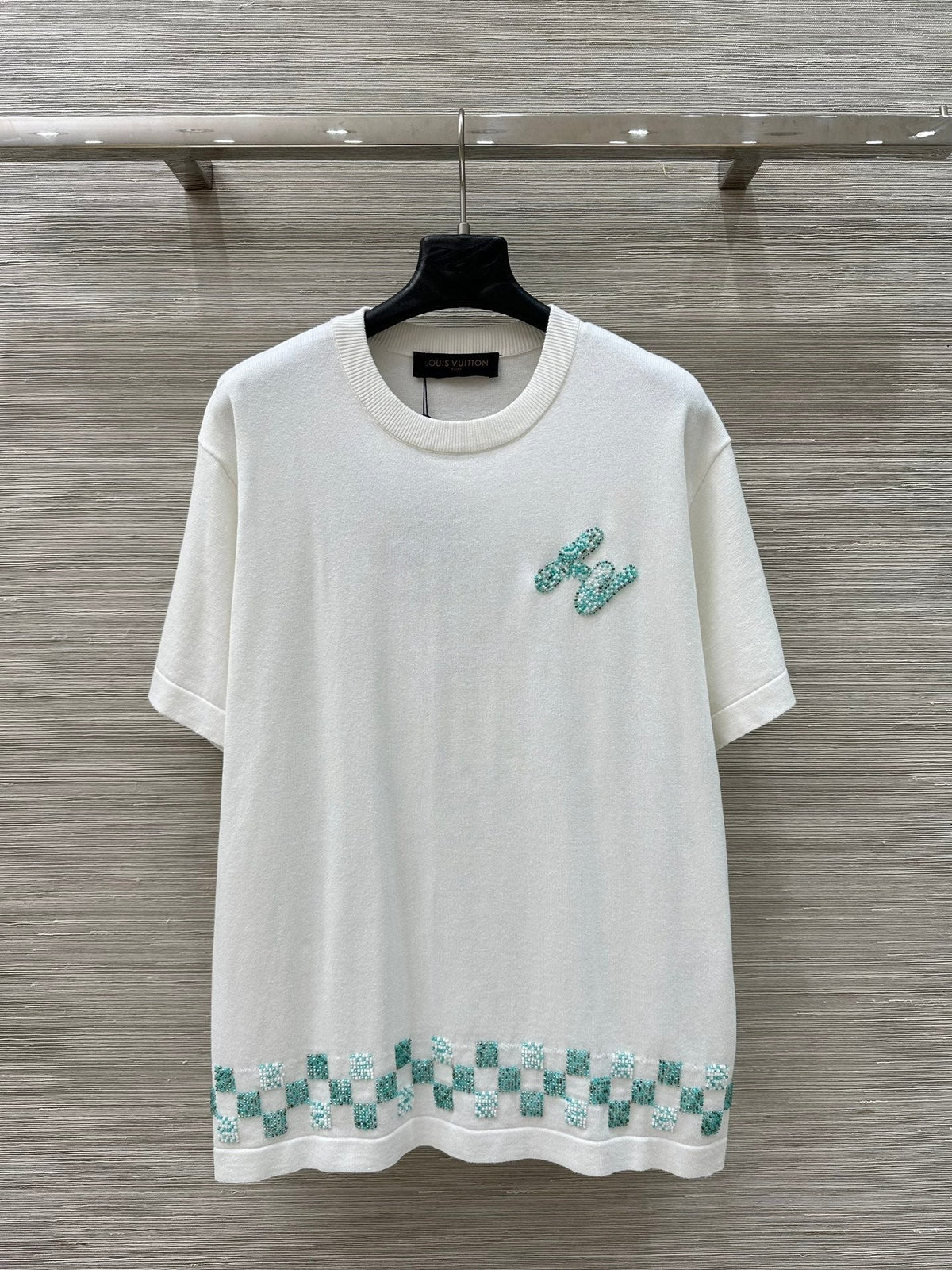 LV 25 Plaid Beading Embroidered Letters Casual  T-Shirt White Beige Cotton