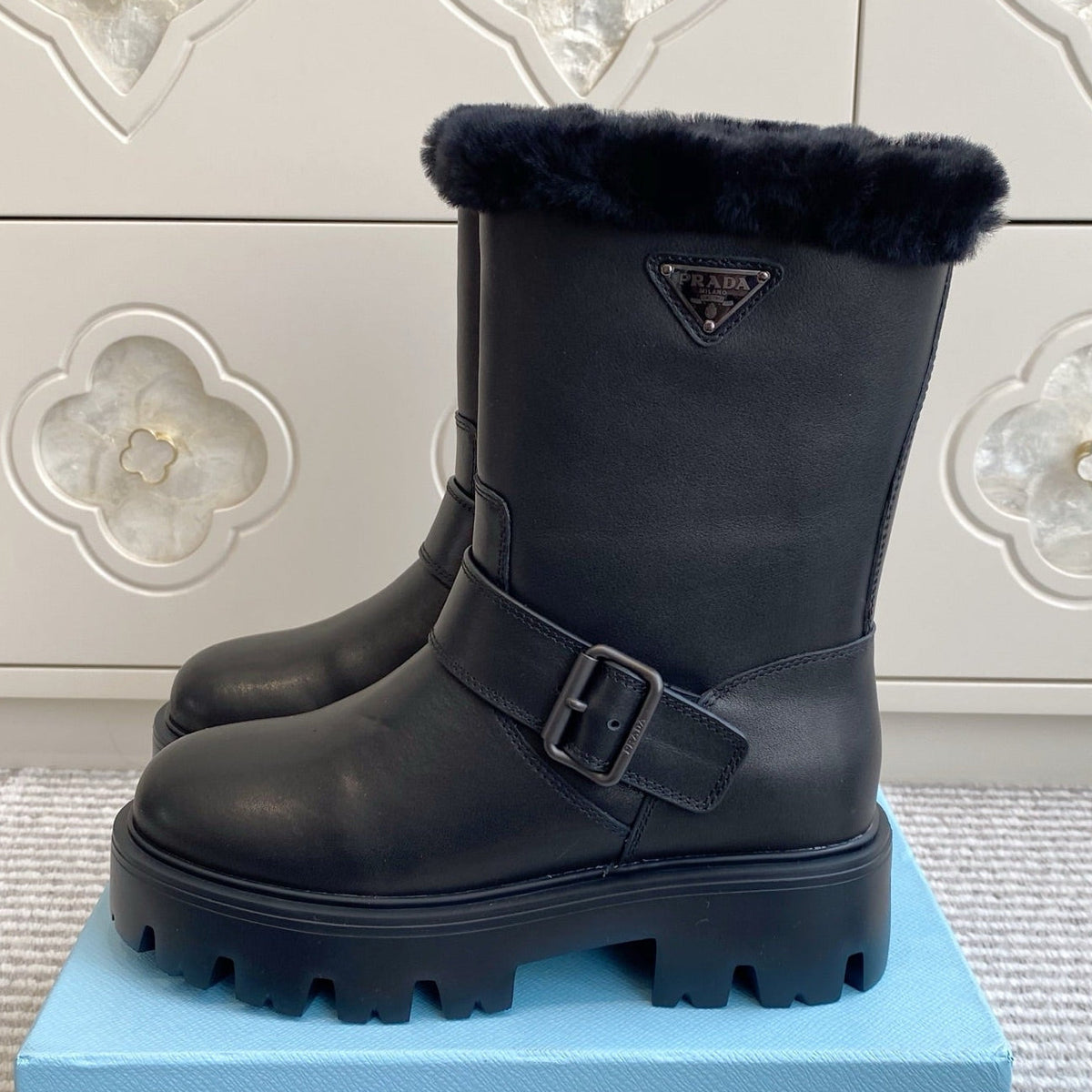 Prada 2026 Biker Platform Boots Suede Cowhide Wool 147125