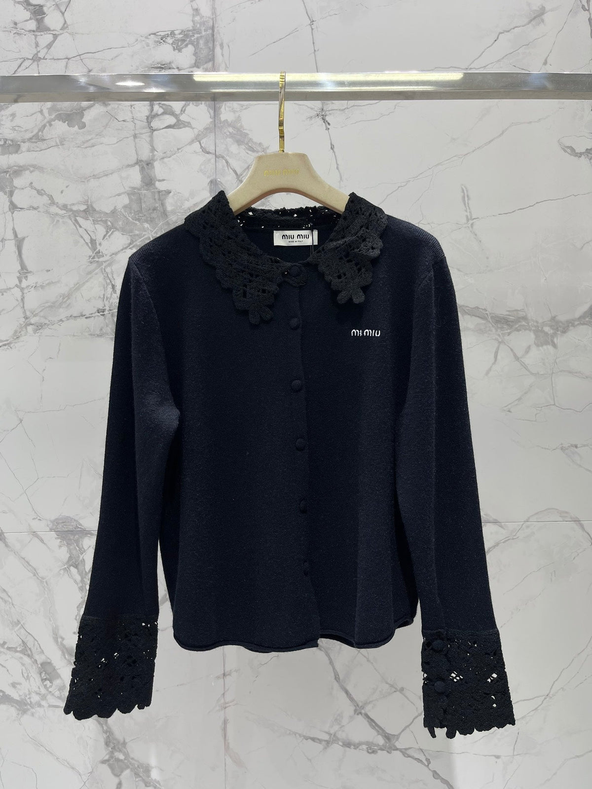 Miumiu 2025 Hollow-Out Crochet Collar Age-Defying Knit Cardigan Wool