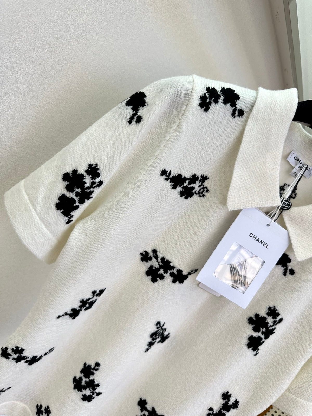 Chanel 2026 Floral Print Polo Shirt Black and White Cotton