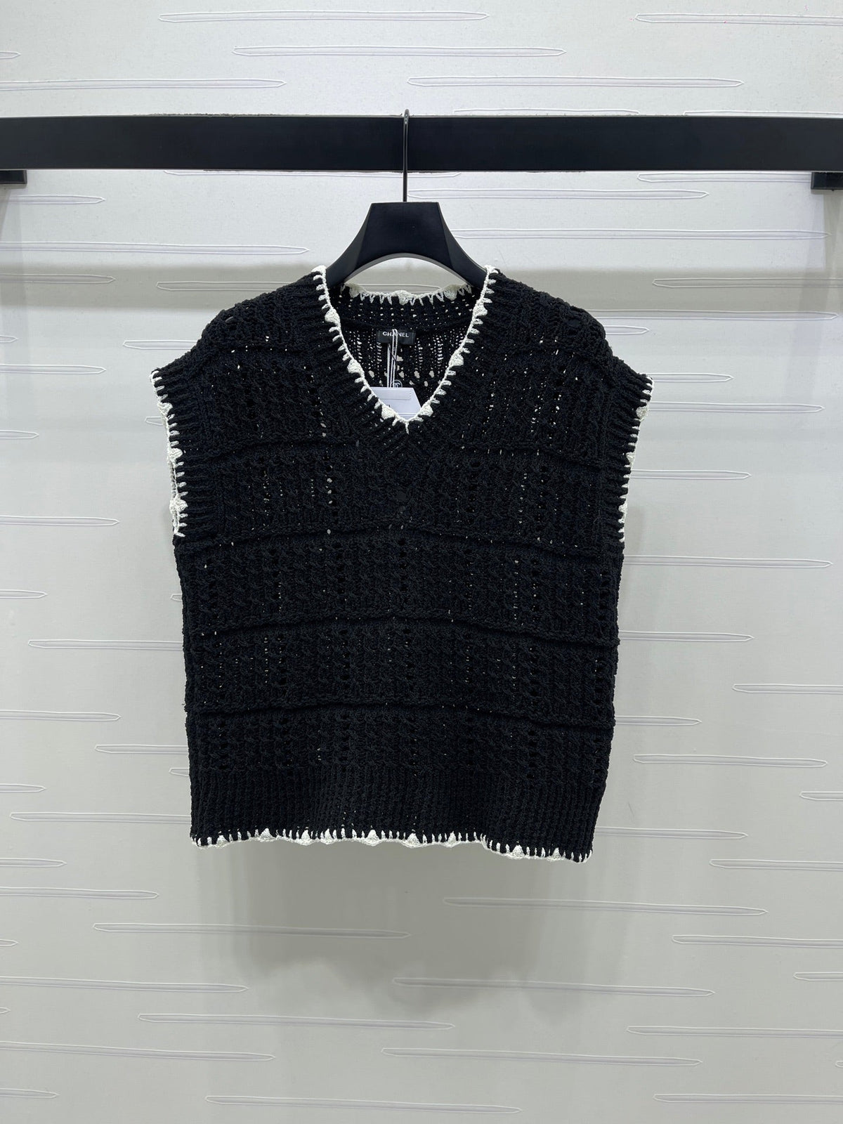Chanel 2026 V-Neck Knit Vest Black and White Cotton Polyamide