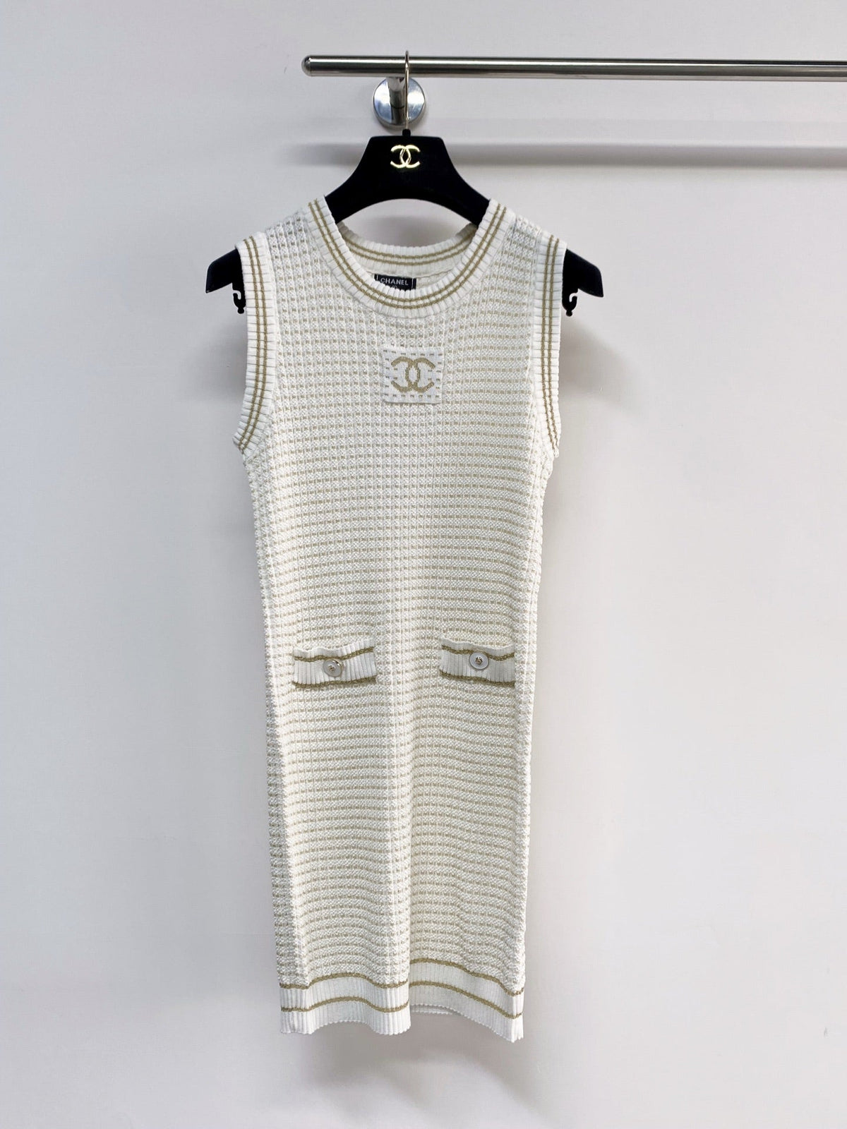 Chanel 2026 Knit Vest Dress Cream and Navy Blue Tencel Nylon